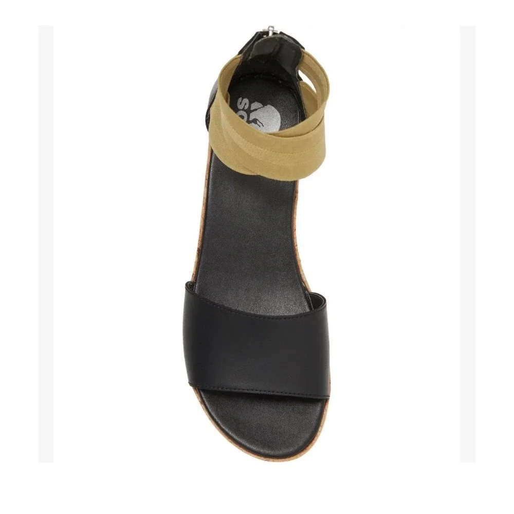 Sorel Cameron Flatform Ankle Strap Wedge‎ Sandals Leather Black Olive Size 8